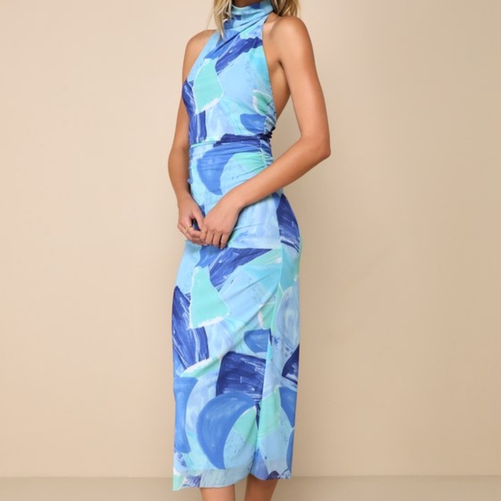 Lulus Idyllic In Ibiza Blue Abstract Print Mock Neck Halter Midi Dress - Size S